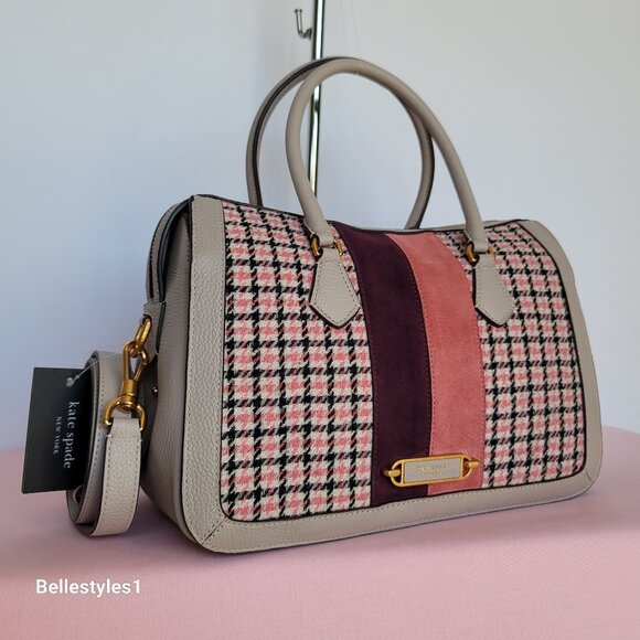 KATE SPADE Gramercy Racing Stripe Plaid Twill Medium Satchel-Mushroom Multi ⭐ - Picture 3 of 16
